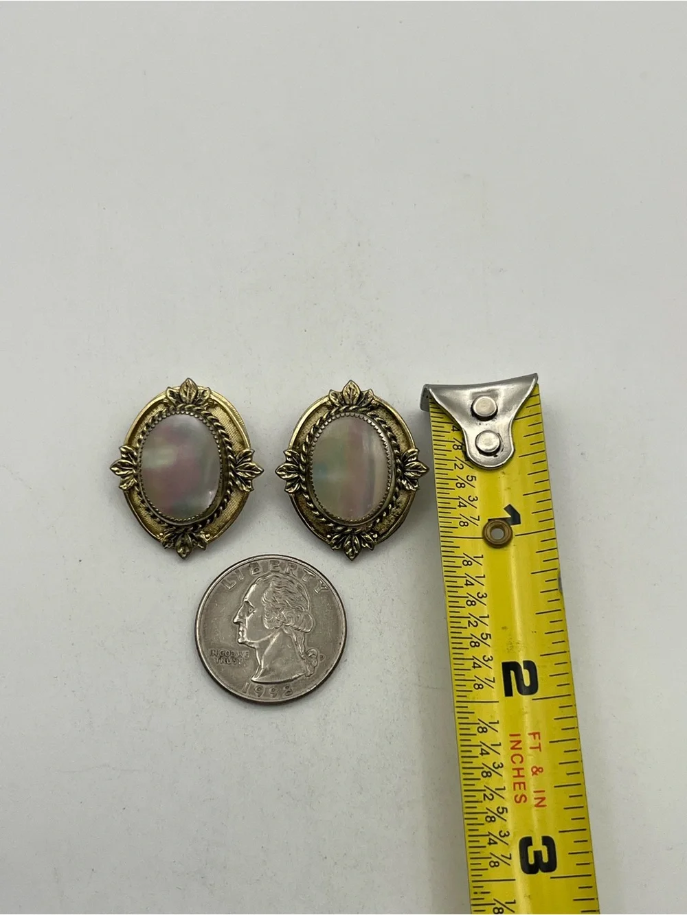 Whiting & Davis 1950’s Victorian Revival Gold tone mother of pearl clip earrings